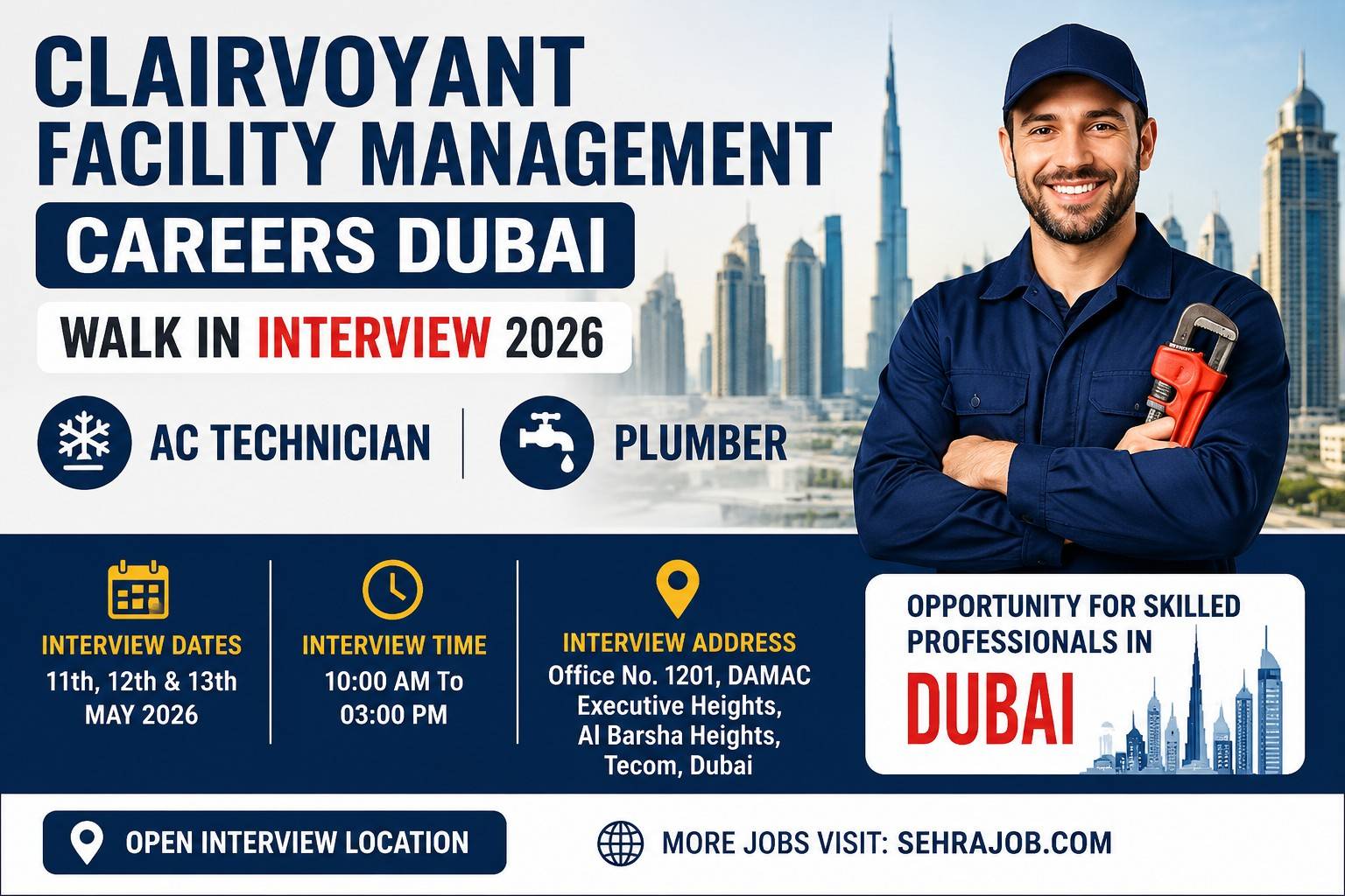 Clairvoyant Facility Management Walk in Interview Dubai for AC Technician and Plumber Positions